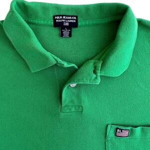 Polo Jeans Co Ralph Lauren Mens L Green Polo Shirt RL Flag Chest Pocket Vintage‎